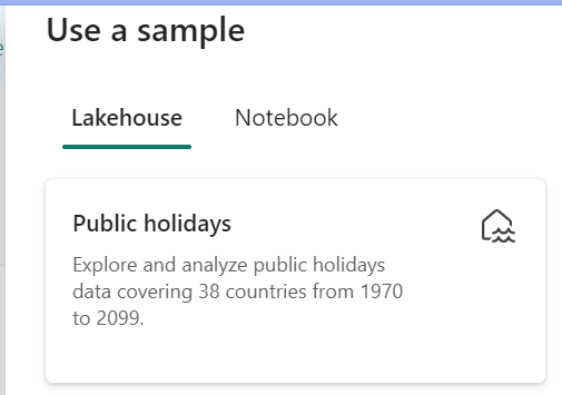 Screenshot: Auswählen der Option für Beispiel-Lakehouse-Daten.