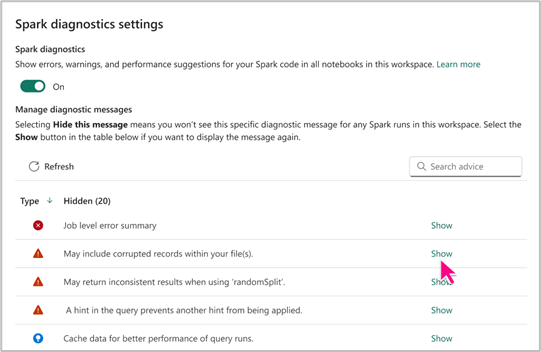 Screenshot der Spark Advisor-Einstellung.