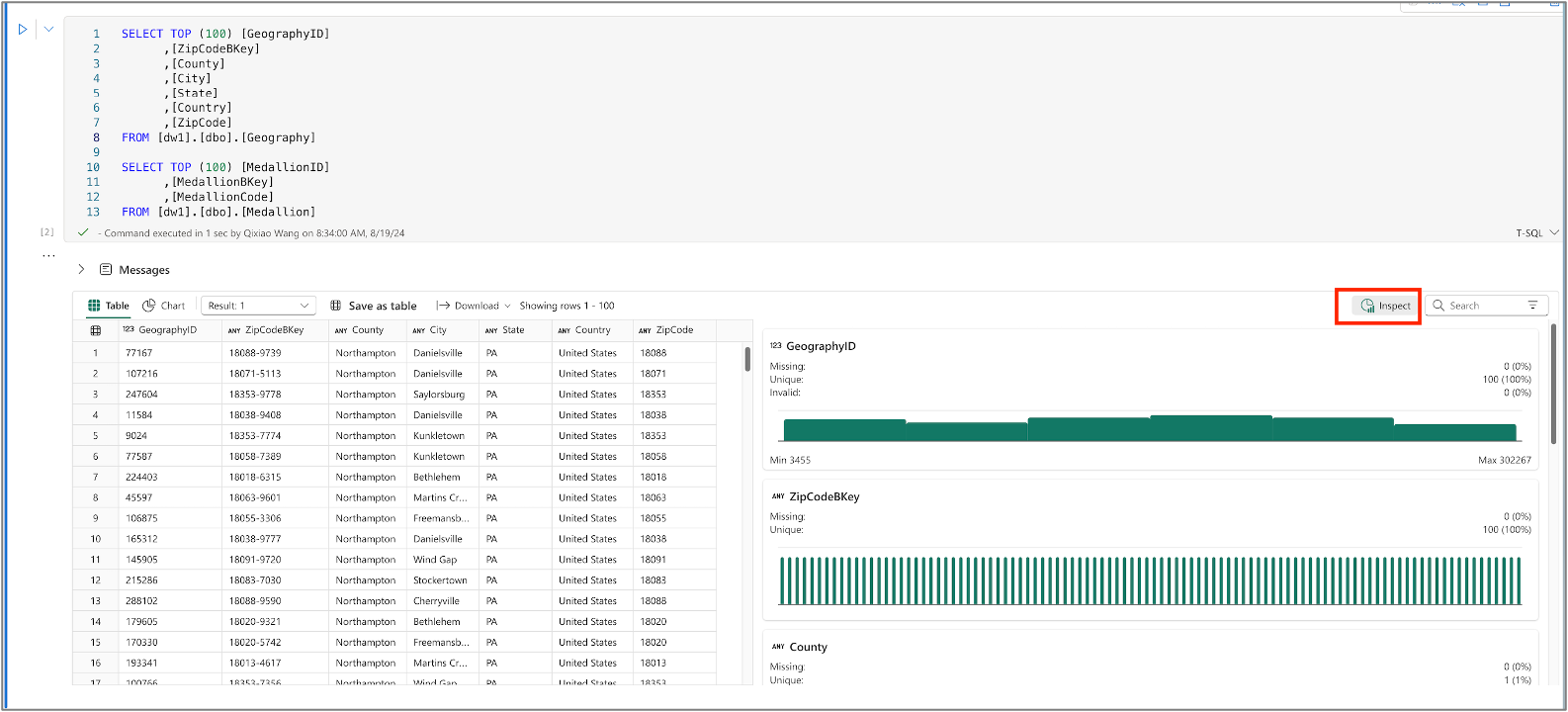 Screenshot der Untersuchung des Ergebnisses in einem Diagramm.