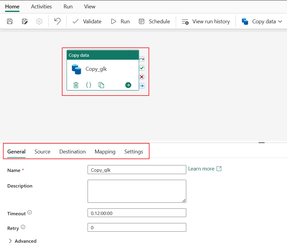 Screenshot: Abgeschlossene Copy-Aktivität mit hervorgehobenen Registerkarten für die Einstellungen der Copy-Aktivität. 