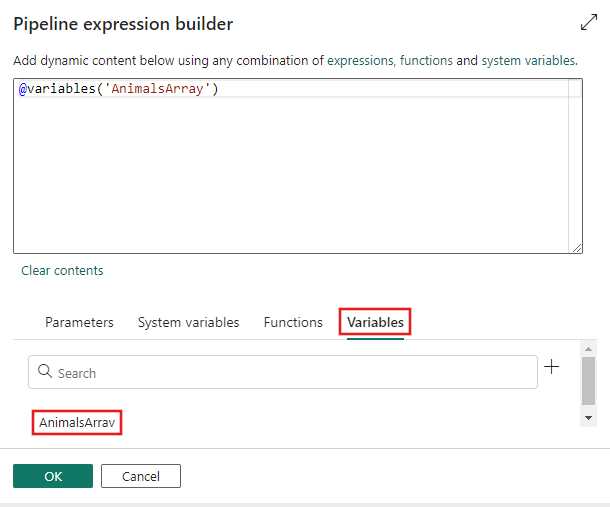 Screenshot: Pipeline Ausdrucksgenerator mit ausgewähltem AnimalsArray-Element, das zuvor erstellt wurde