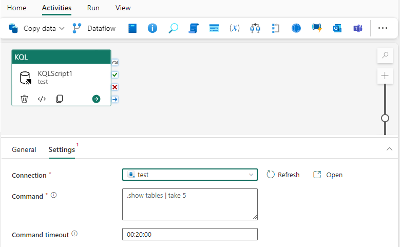 Screenshot der Registerkarte „Einstellungen“ der KQL-Aktivität, die die „Command“-Eigenschaft hervorhebt und zeigt, wo der Link „Dynamischen Inhalt hinzufügen“ angezeigt wird.