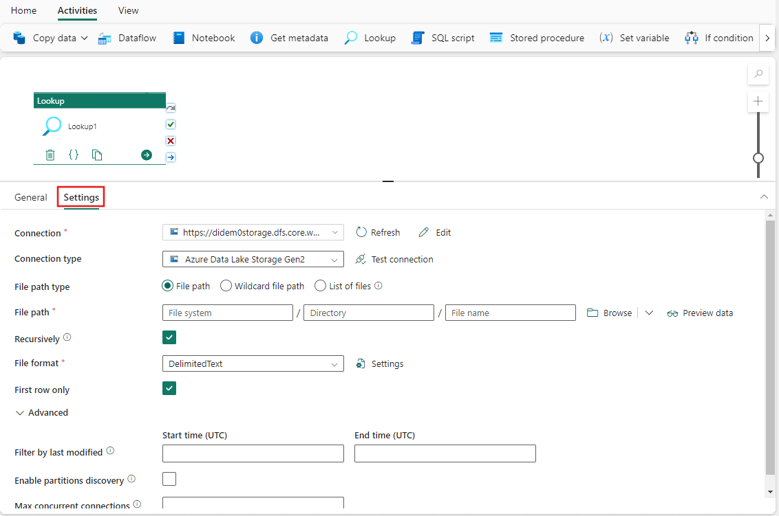 Screenshot: Hervorhebung der Registerkarte „Einstellungen für Lookup-Aktivitäten“ und Festlegen einer neuen Verbindung.