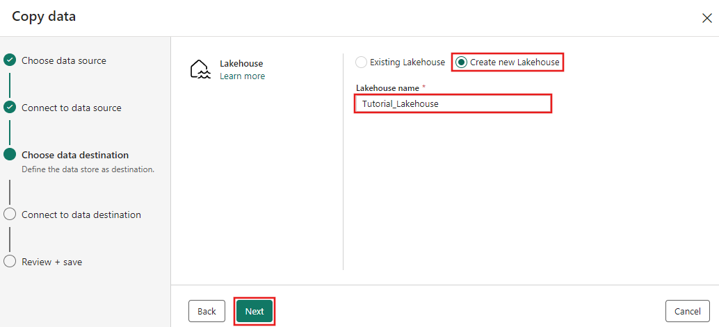 Screenshot der Datenzielkonfigurationsseite des Kopier-Assistenten, auf der die Option „Neues Lakehouse erstellen“ ausgewählt und ein Lakehouse-Name angegeben wird.