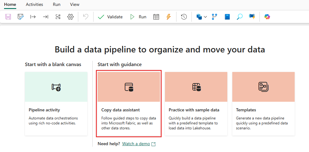 Screenshot: Auswählen der Aktivität „Daten kopieren“ auf der Startseite für die neue Pipeline.