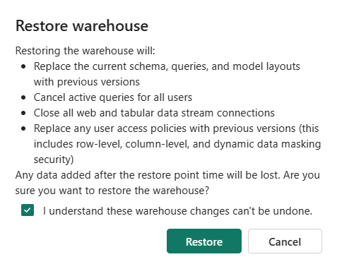 Screenshot des Fabric-Portals mit dem Bestätigungsdialog zum Wiederherstellen eines Warehouse.