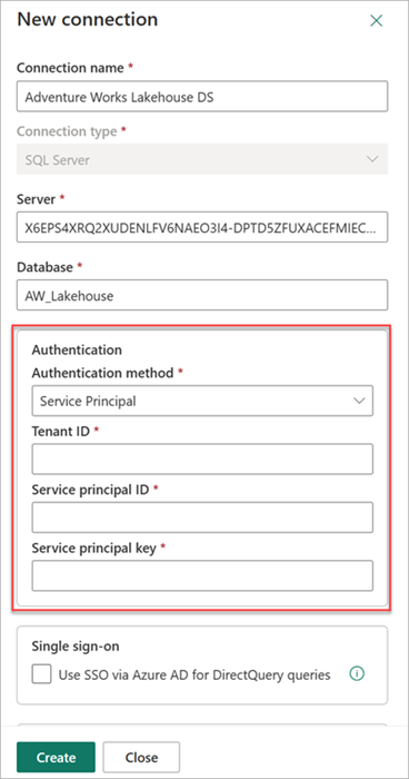 Screenshot der in den neuen Verbindungseinstellungen angegebenen Authentifizierungsanmeldeinformationen.