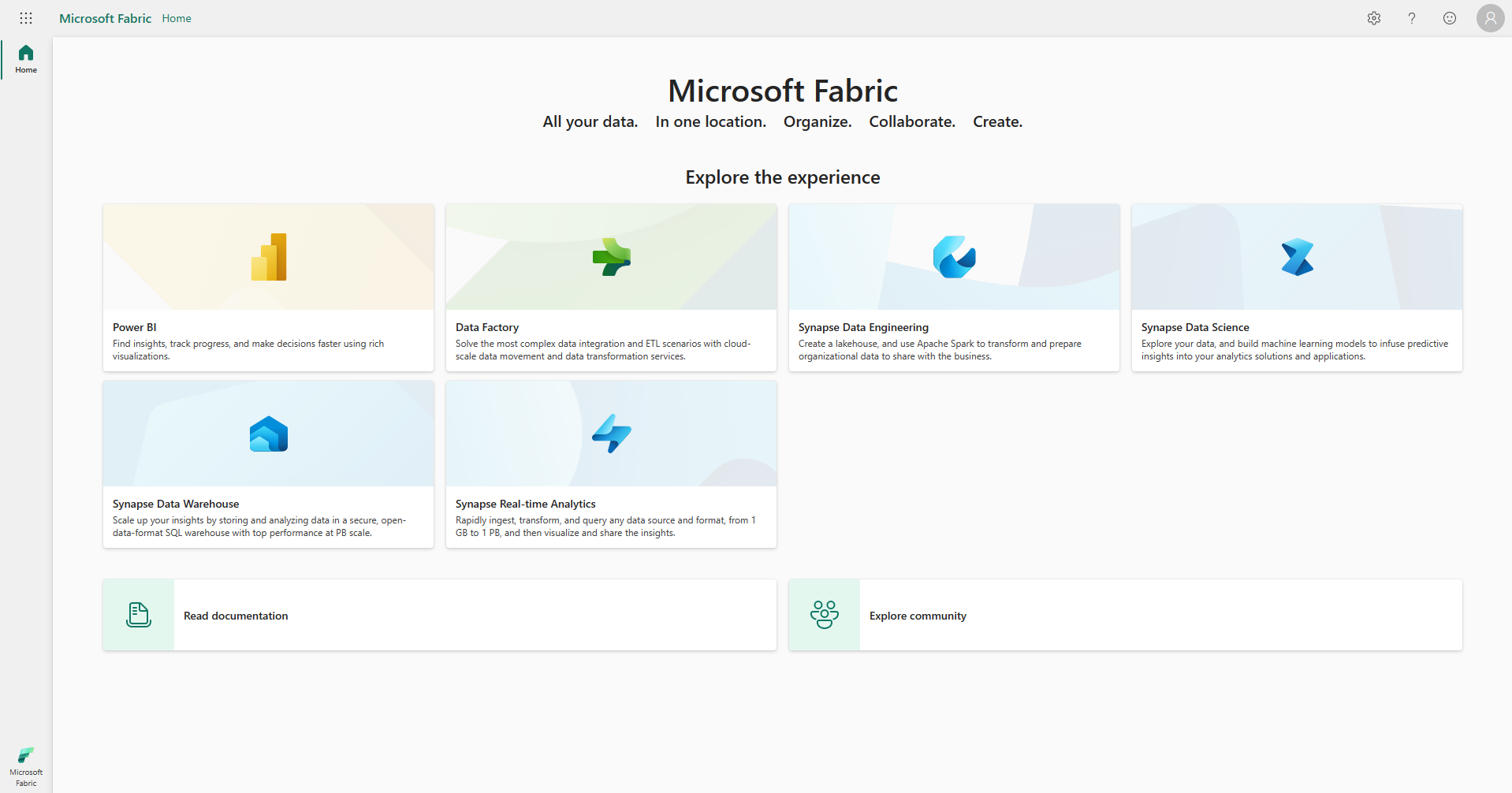 Screenshot der Microsoft Fabric-Homepage mit roter Gliederung des Kontomanagers.