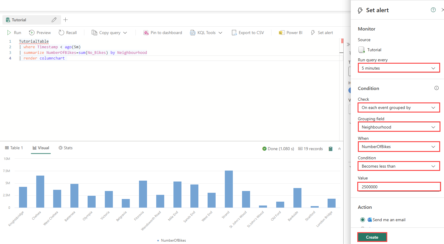 Screenshot des Bereichs „Benachrichtigung festlegen“ im KQL-Abfrageset zum Erstellen einer Activator-Benachrichtigung.