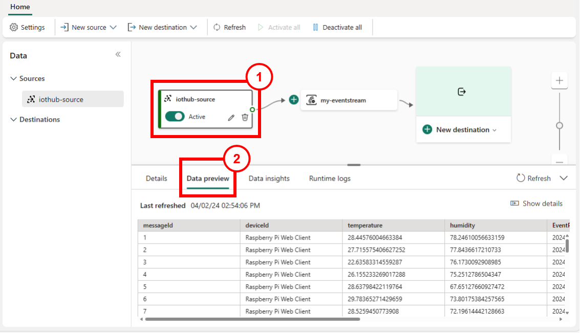 Screenshot: Hier zeigen Sie eine Vorschau der IoT Hub-Daten an.