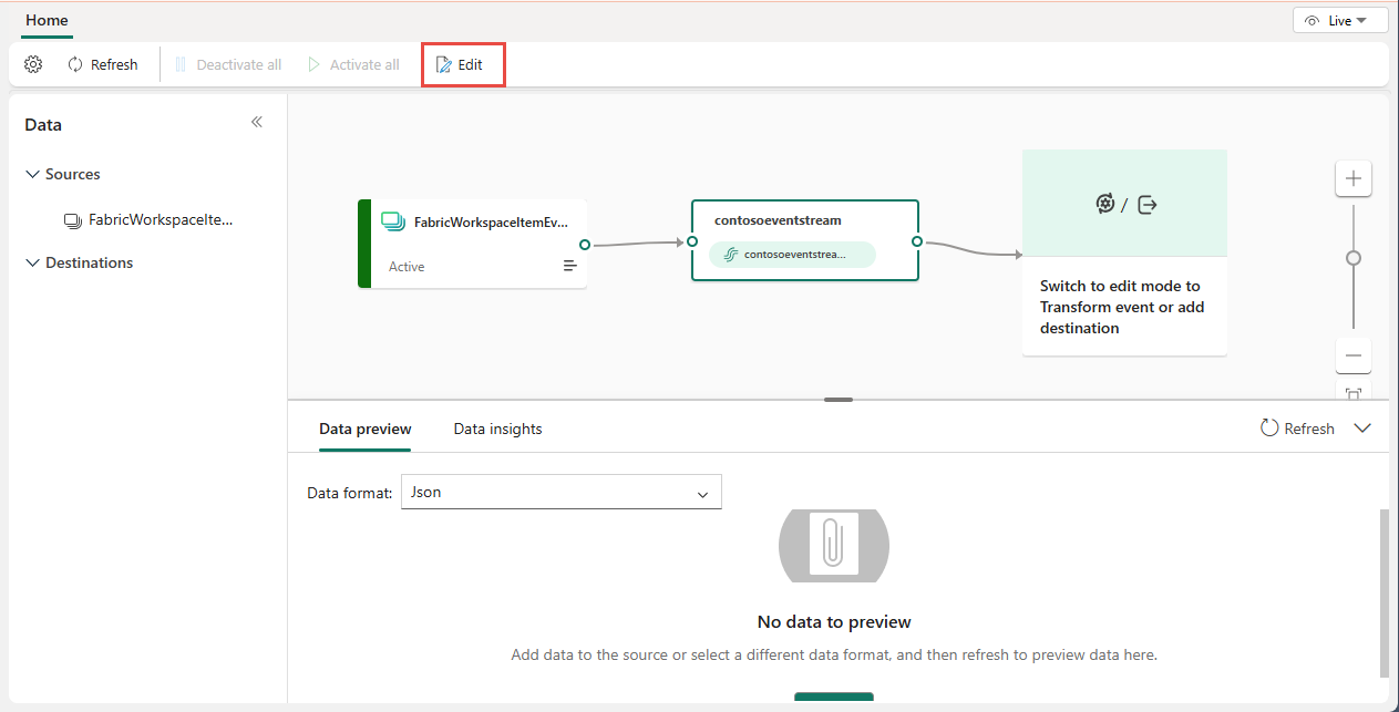 Screenshot der Fabric-Arbeitsbereichselement-Ereignisse in der Live-Ansicht, in der Sie „Bearbeiten“ auswählen können.