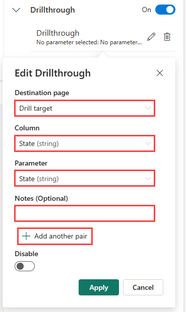 Screenshot des Drillthrough-Formulars, in dem die Felder hervorgehoben werden, die ausgefüllt werden sollen.