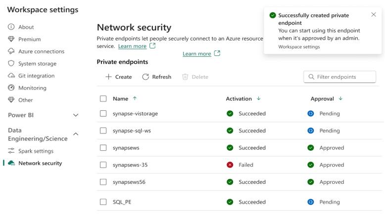 Screenshot der Erfolgsanzeige für die Bereitstellung von verwalteten privaten Endpunkten auf der Registerkarte Netzwerk.