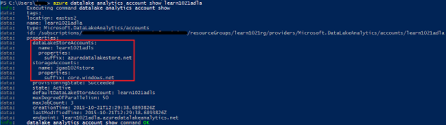 Screenshot der Azure-Befehlszeilenschnittstelle mit hervorgehobener Information „dataLakeStoreAccounts:“