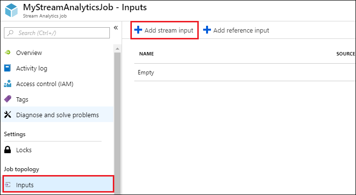 Screenshot: Blatt „Stream Analytics Auftrag“ mit hervorgehobenen Optionen „Eingaben“ und „Datenstromeingabe hinzufügen“