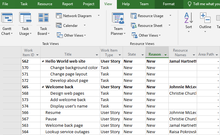 Team Foundation Task Sheet view