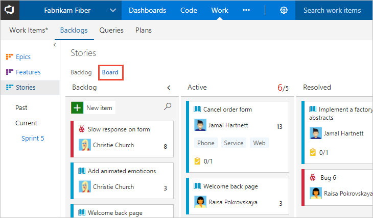 Open Kanban board, version TFS 2015.