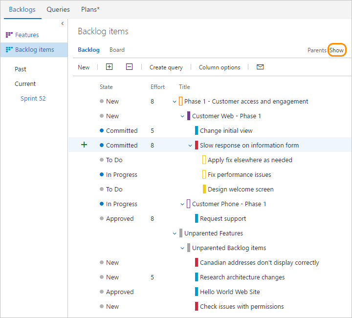 Feature teams, Portfolio backlog with show parents