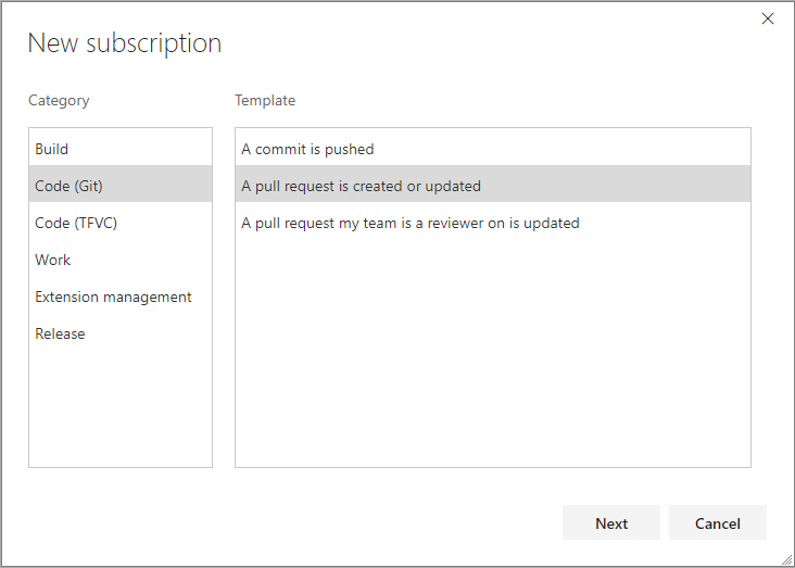 Select event category and template