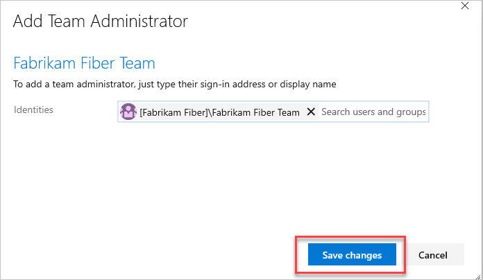 Screenshot of Add team administrator dialog for TFS 2017 through 2018.