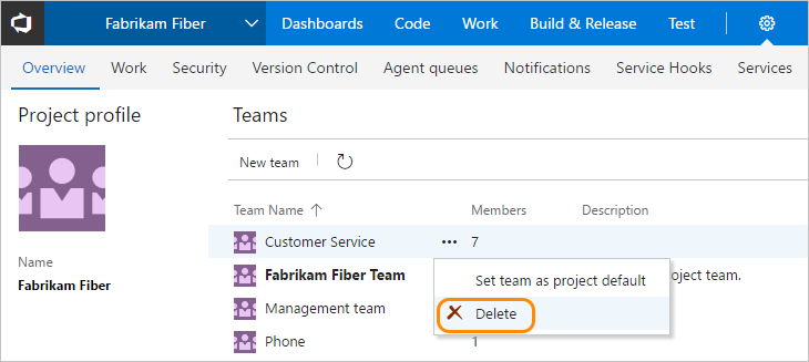 Web portal, admin context-project level, Delete team