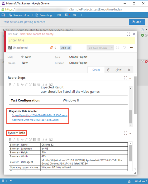 Viewing the diagnostic data in the bug you are creating