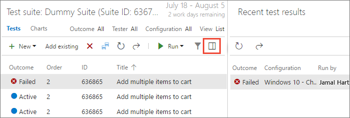 Checking the test result in the details pane