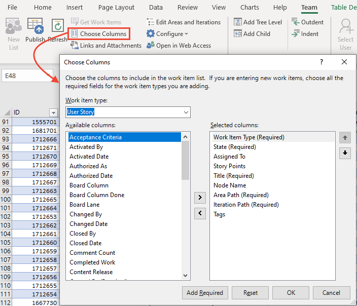 Screenshot of Choose Columns dialog.