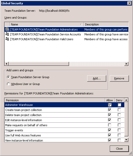 Screenshot of Azure DevOps Security group dialog, TFS-2018 version.