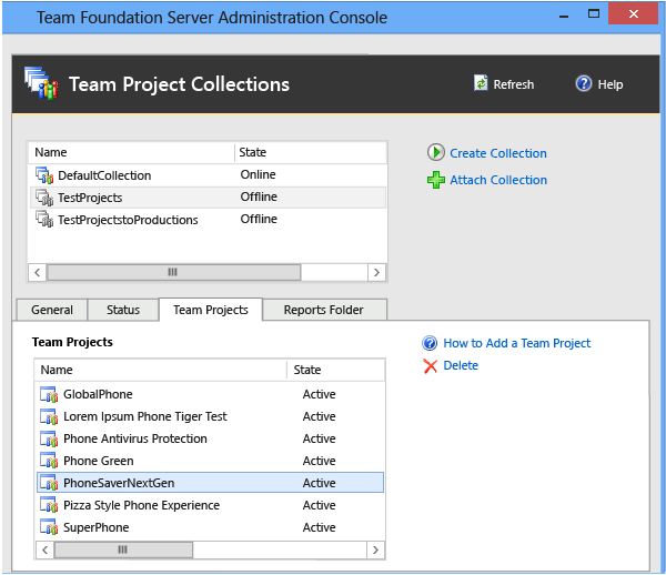 TFS Administration console for deleting projects