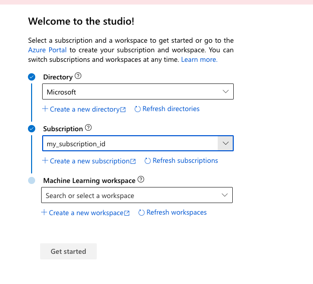 Screenshot: Auswählen des Azure Machine Learning-Arbeitsbereichs