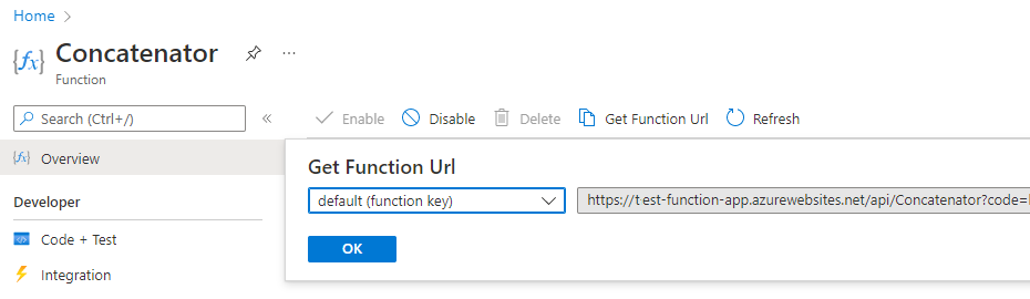 Screenshot des Befehls „Funktions-URL abrufen“ im Azure-Portal.