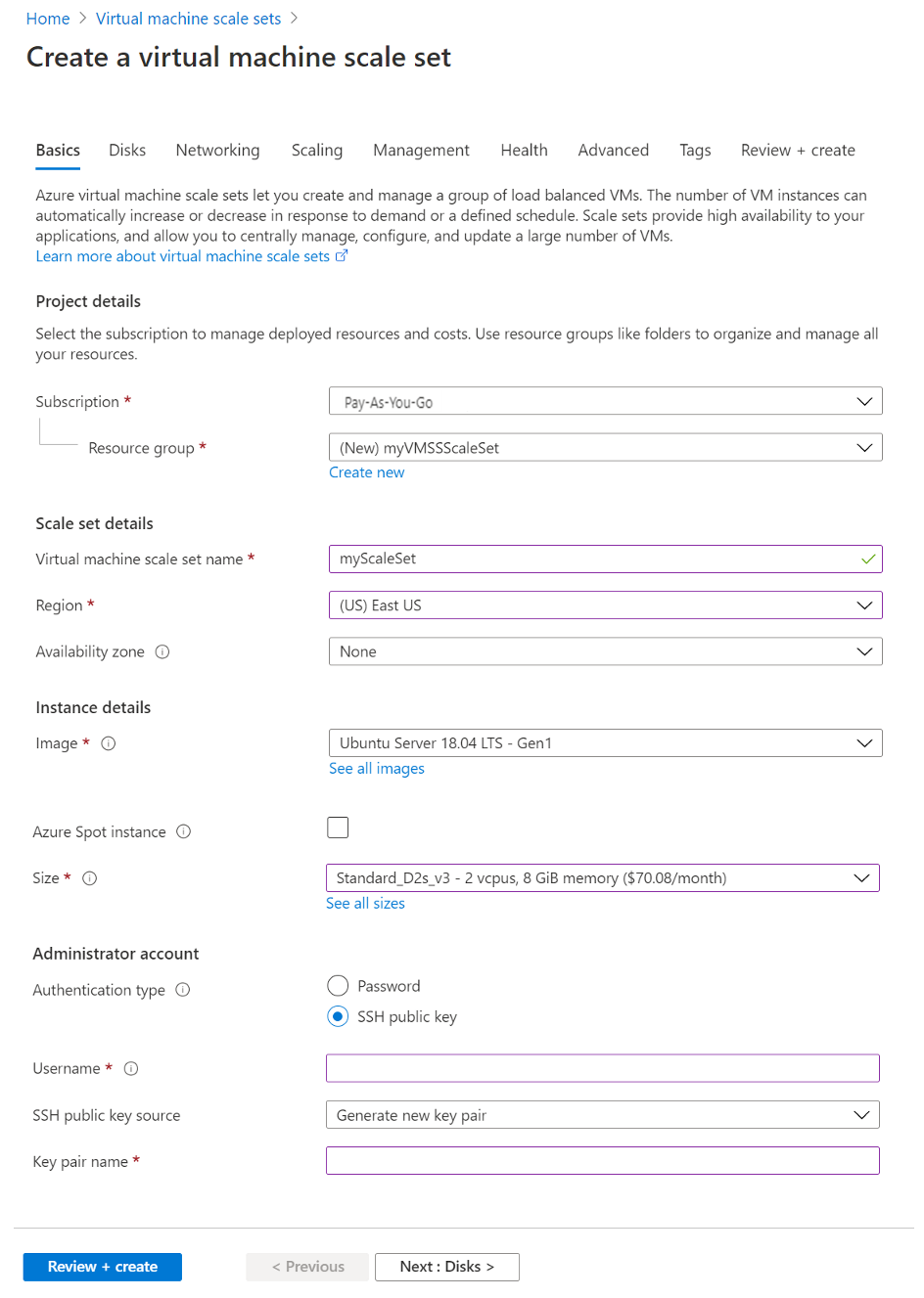 Abbildung: Erstellungsoptionen für Skalierungsgruppen im Azure-Portal