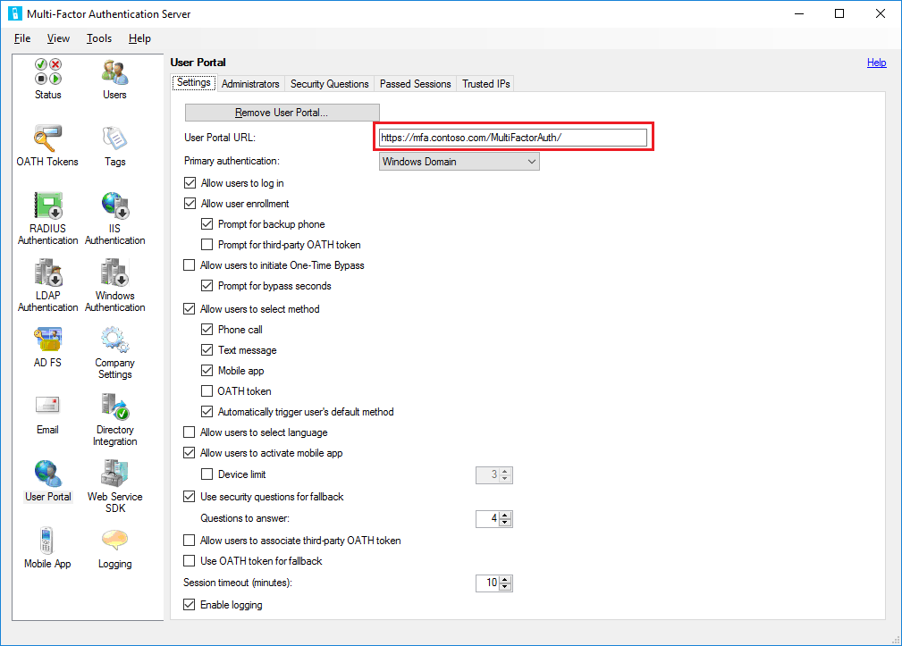 MFA Server User Portal configuration