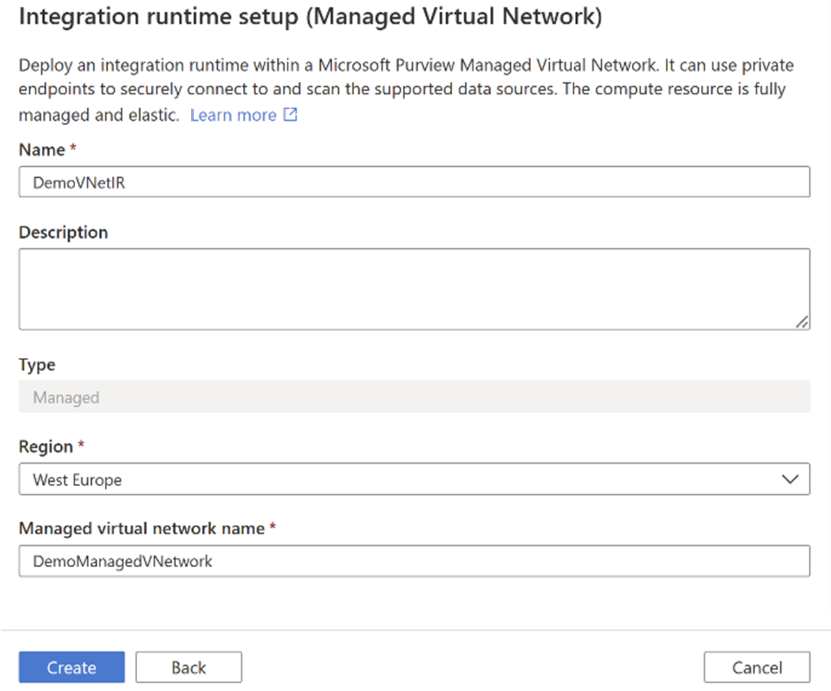 Screenshot: Erstellen eines verwalteten VNET-Integration Runtime mit Details