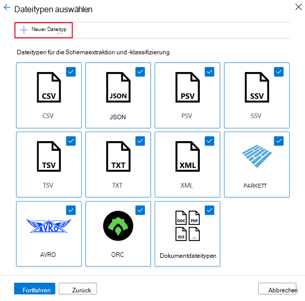 Screenshot: Auswählen von Neuer Dateityp auf der Seite Dateitypen auswählen