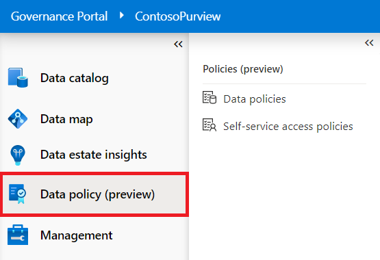 Screenshot des Microsoft Purview-Governanceportals mit geöffnetem Menü ganz links und hervorgehobener Option 