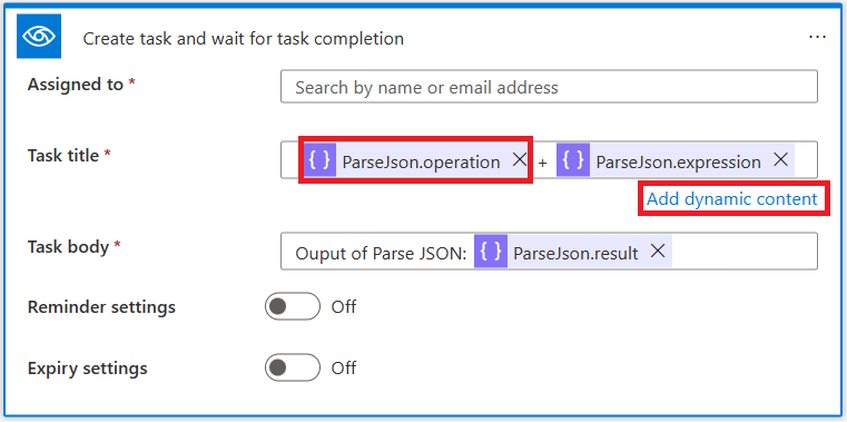 Screenshot eines anderen Connectors mit hinzugefügten Werten aus der Aktion 