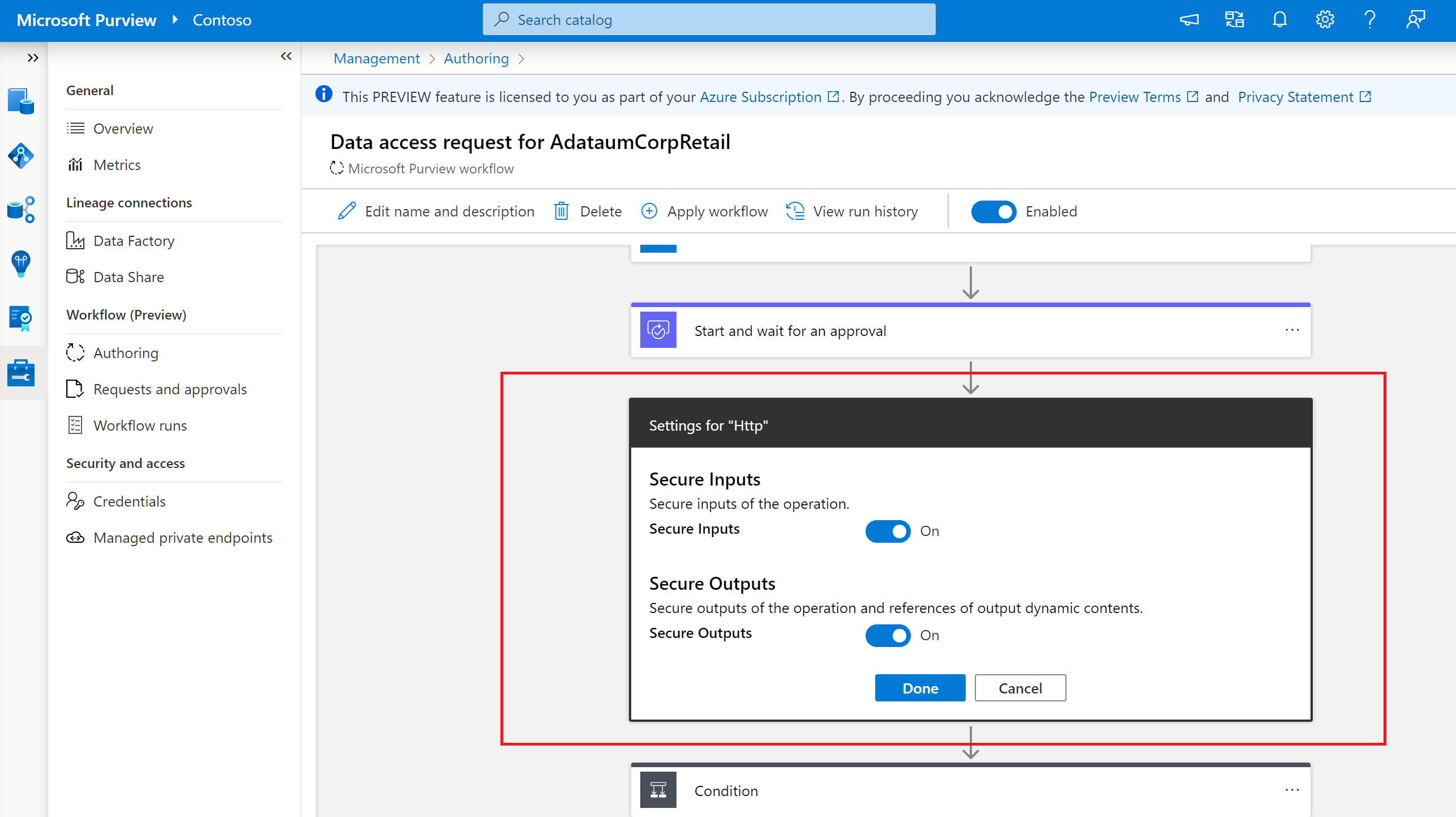 Screenshot: Hinzufügen sicherer Eingaben und Ausgaben des HTTP-Connectors