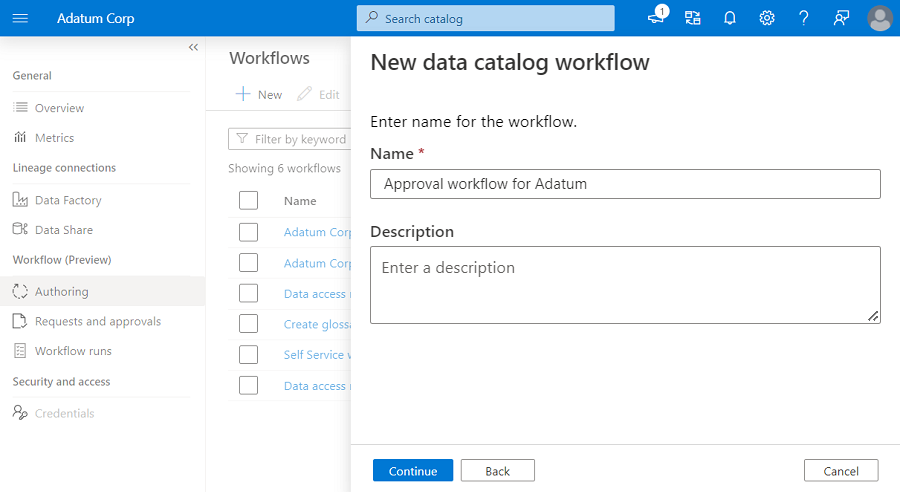 Screenshot: Neues Data Catalog-Workflowmenü mit einem Namen, der in das Textfeld name eingegeben wurde