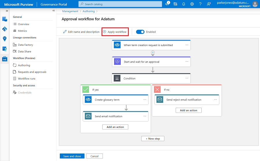 Screenshot: Neues Data Catalog-Workflowmenü mit hervorgehobener Schaltfläche 