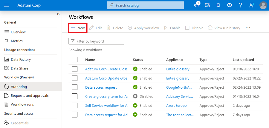 Screenshot: Seite zum Erstellen von Workflows mit hervorgehobener Schaltfläche 