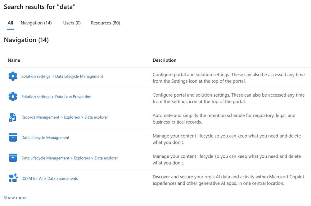 Suchergebnisse im Microsoft Purview-Portal.