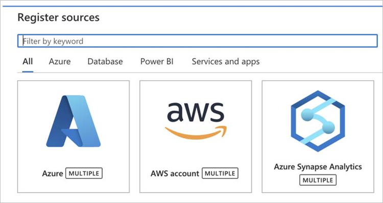 Screenshot einer Auswahl von Quellen in Microsoft Purview, einschließlich Azure Synapse Analytics.