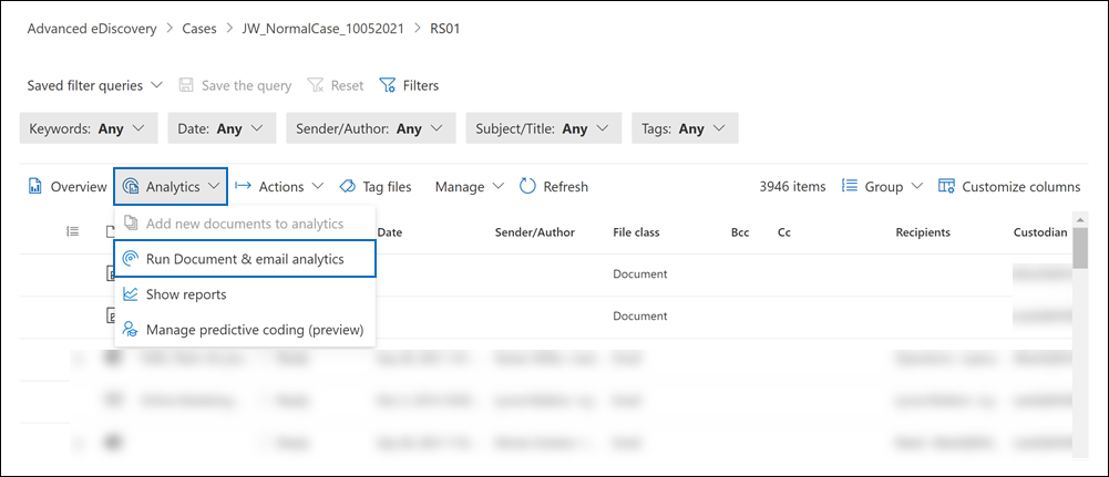 Wählen Sie in der Dropdownliste Analyse die Option Dokument & E-Mail-Analyse ausführen aus.