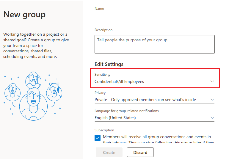 Erstellen einer Gruppe und Auswählen einer Option unter „Vertraulichkeit“.