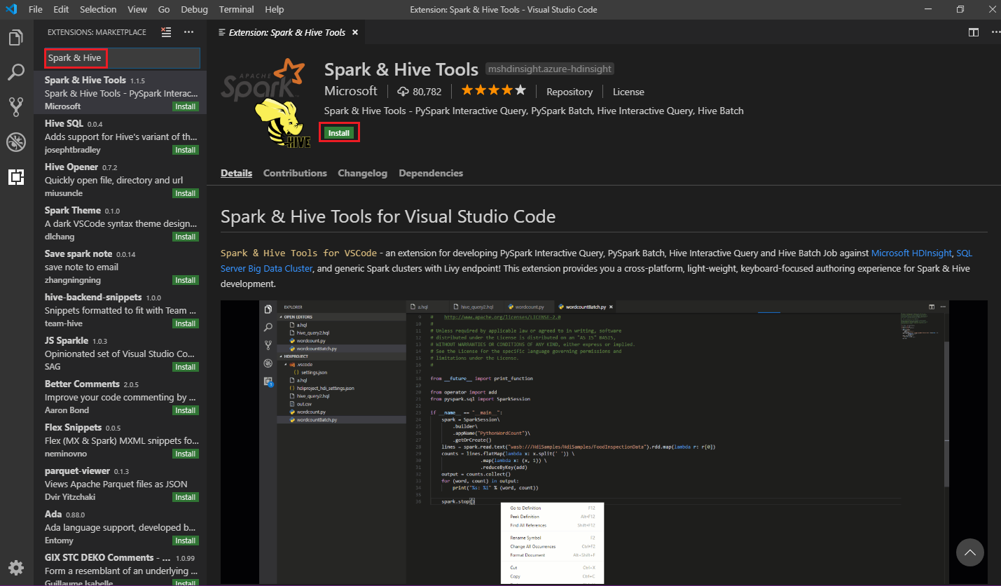 Installation der Python-Erweiterung für Spark und Hive für Visual Studio Code.