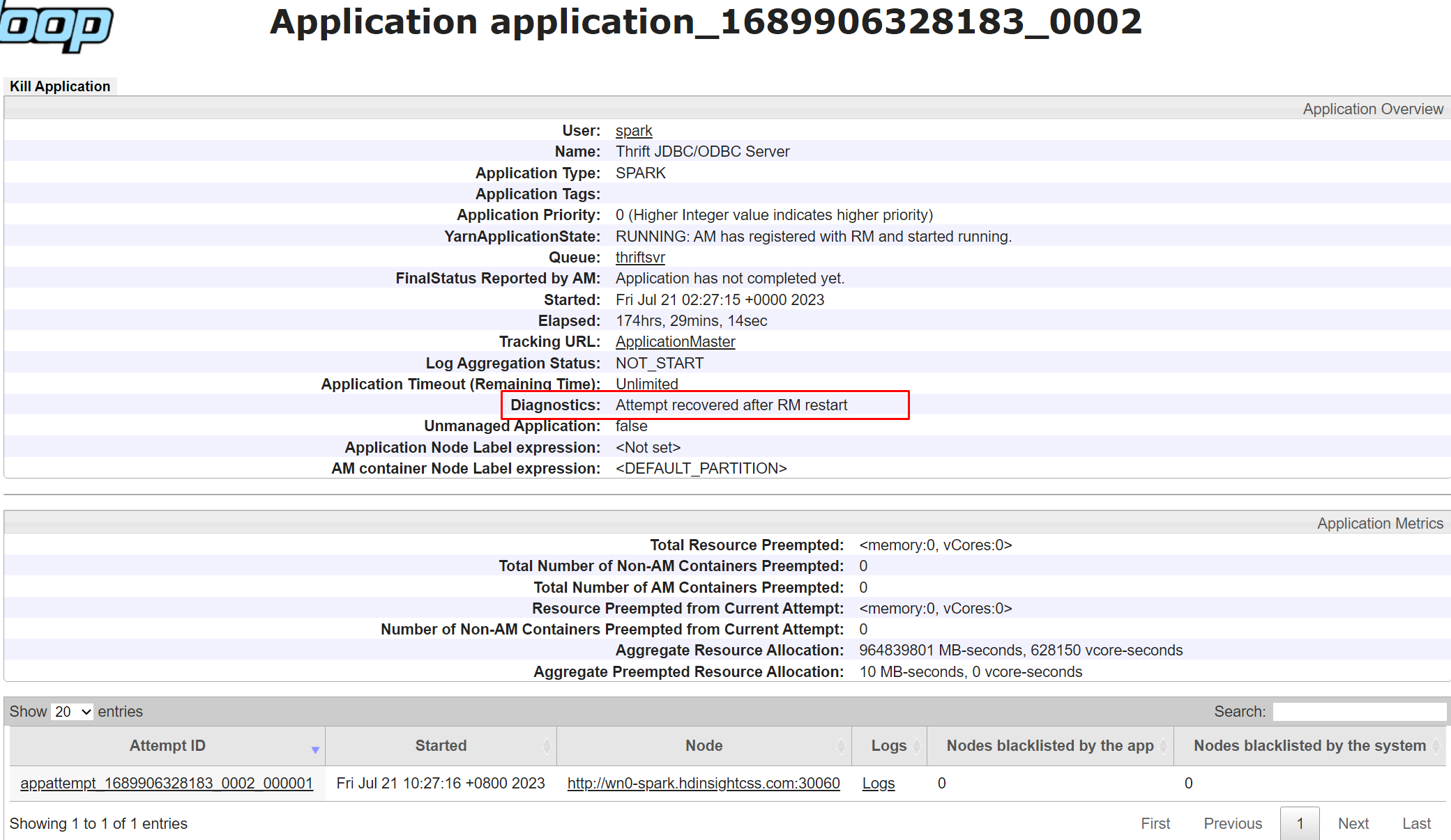 Screenshot der Yarn Anwendungsdiagnose.