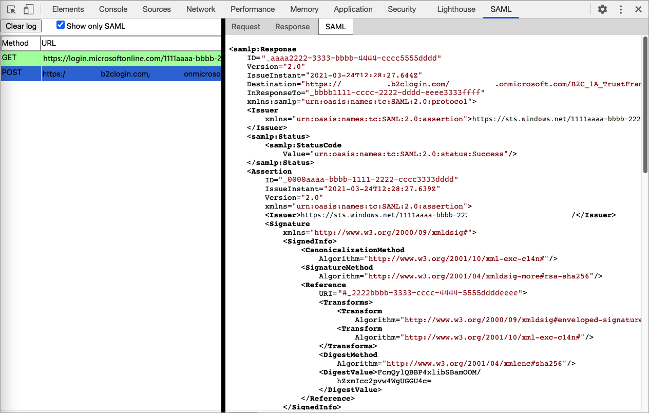 Screenshot of SAML protocol trace log.