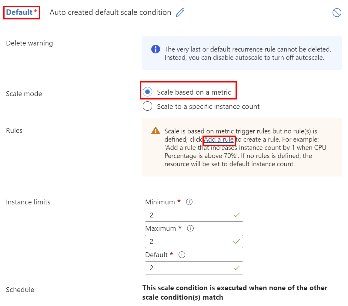 Screenshot des Konfigurierens der Standardskalierungsbedingung im Portal.